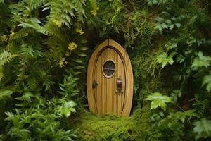 AI generated Little magic wooden fairy doors and plants leave on a mossy natural green background. AI Generated photo