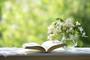 AI generated Jasmine flowers in a vase and open book on the table, green natural background. AI Generated photo