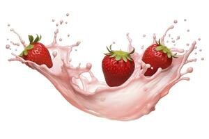 AI generated milk or yogurt splash with strawberries isolated on white background, 3d rendering. AI Generated photo