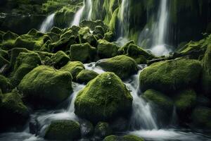 AI generated Waterfall landscape with rocks covered in green moss. AI Generated photo