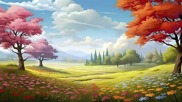 AI generated Spring season with colorful flowers and trees in a pretty meadow or field. AI Generated. photo