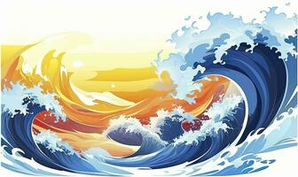 AI generated Ocean wave sun clouds, blue yellow abstract ocean wave. AI Generated. photo