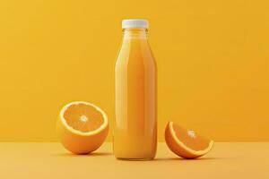 ai generado naranja jugo botella en naranja antecedentes. ai generado foto