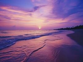 AI generated Summer beach with blue water and purple sky at the sunset.  AI Generated. photo