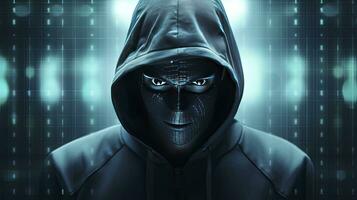 AI generated Binary Intrigue. Anonymous robotic hacker. Concept of hacking. AI Generated photo