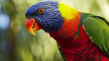 ai generado lado ver de cerca de hermosa y vistoso lorikeet verde nuca pájaro. generativo ai foto