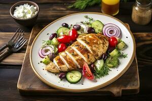 AI generated Seared chicken breast and Greek salad on a wooden table. Generative AI photo