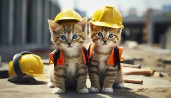 ai generado dos gatitos vistiendo difícil sombreros en un construcción sitio. generativo ai foto