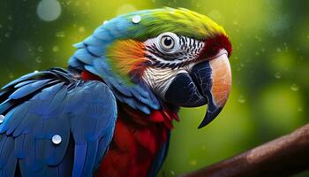 ai generado tropical guacamayo encaramado, vibrante plumas en enfocar. generativo ai foto