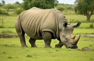 AI generated White Rhino grazing. AI Generated photo