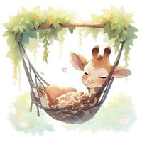 AI generated A sleepy baby giraffe in a hammock. watercolor illustration. AI Generated photo