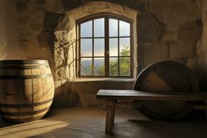 AI generated Barrel in an ancient castle beside the window. AI Generated photo