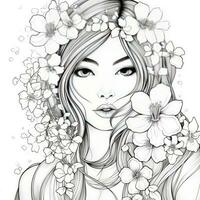 AI generated A girl on a coloring book page with Jasmine flowers. AI Generated photo