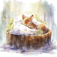 AI generated A sleepy baby squirrel in a bedding. watercolor illustration. AI Generated photo
