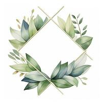 AI generated Watercolor geometry shape wreath with green leaf. AI Generated photo