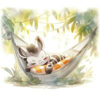 AI generated A sleepy baby zebra in a hammock. watercolor illustrations. AI Generated photo