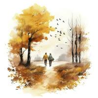 AI generated Watercolor autumn landscape with a couple walking. AI Generated photo