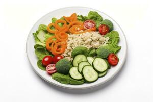 AI generated Salad with quinoa, spinach, broccoli, tomatoes, cucumbers and carrots. AI Generated photo