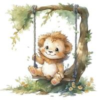 AI generated Cute and happy baby lion on swings on the tree in watercolor style. AI Generated photo