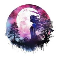 AI generated Forest moon silhouette with fairy shining in the night sky on a white background. AI Generated photo