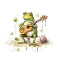 AI generated Watercolor green frog playing a tiny musical instrument on white background. AI Generated photo