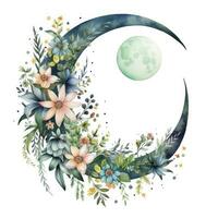 AI generated Watercolor floral Moon with greenery on a white background. AI Generated photo