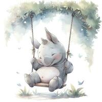 AI generated Cute happy baby rhino on swings in the tree in watercolor style. AI Generated photo