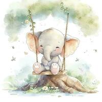 AI generated Cute happy baby elephant on swings in the tree in watercolor. AI Generated photo