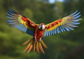 AI generated Flying macaw, beautiful bird. Generative AI photo