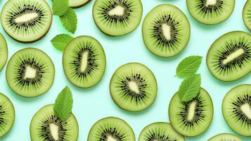 AI generated Slices of kiwi fruit and green mint leaves on a light pastel blue background. AI Generated photo