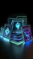 AI generated Some playing cards with glowing neon designs on a tablet. Generative AI photo