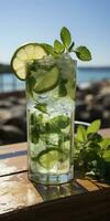 AI generated Stunning photo of cocktail mojito, a sunny summer beach in the background. Generative AI