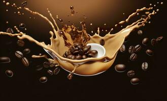 AI generated hot liquid coffee splash with Coffee Bean falling, 3d illustration. AI Generated photo