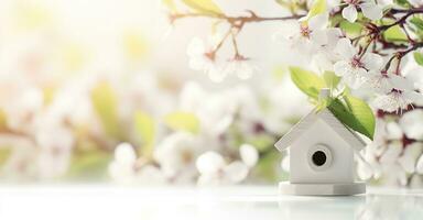 AI generated Toy house and cherry flowers, spring abstract natural background. Generative AI photo