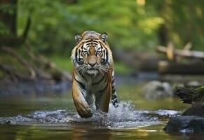 AI generated Amur tiger walking in the water. Dangerous animal.  Animal in a green forest stream. Generative AI photo