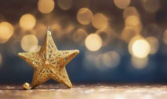 AI generated Sparkling Golden Christmas Star. Ornament Decoration Defocused Bokeh Background. AI Generated photo