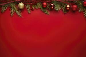 AI generated Christmas or New Year red background with fir decor. AI Generated photo
