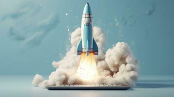 AI generated A small rocket takes off from a Laptop with vibrant color combinations in light sky blue and light gray colors for a website, business, and financial success concepts.  AI Generative photo