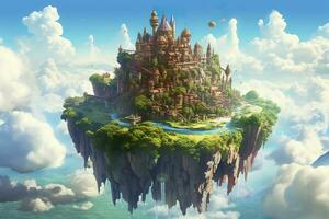 AI generated Ancient Heavenly Floating island in the sky with a castle, vibrant, fantasypunk, AI Generative photo