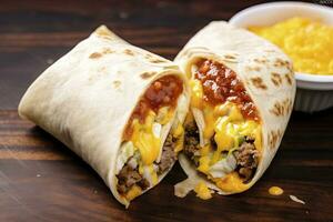 AI generated Breakfast burrito with sausage, eggs, hashbrown and cheese. AI Generated photo