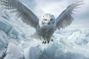 AI generated owl on a winter snow background. Generative AI photo