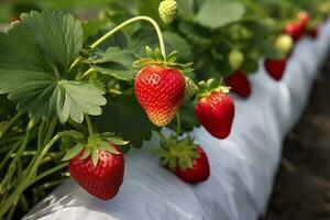 AI generated Bush of ripe organic strawberries in the garden. Berry closeup. Generative AI photo