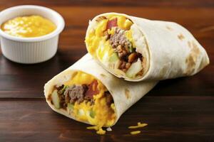 AI generated Breakfast burrito with sausage, eggs, hashbrown and cheese. AI Generated photo