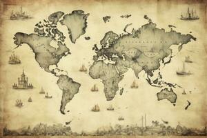 AI generated Great detailed illustration of the world map in vintage style. AI Generated photo