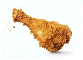 ai generado frito pollo pierna que cae en el aire aislado en un blanco antecedentes. ai generado. foto