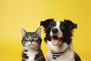 AI generated Cat and dog together with happy expressions on yellow background. AI Generated photo