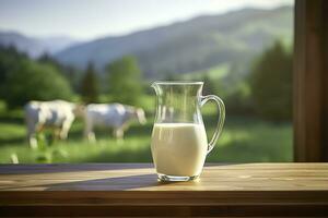 AI generated Glass pitcher with fresh milk on a wooden table. AI Generated photo