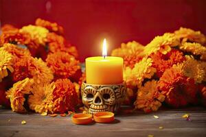 AI generated Candles and marigold flowers. Day of the dead concept dia de los muertos. AI Generated photo