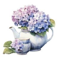 AI generated Watercolor hydrangeas in teapot isolated on white background. AI Generated photo