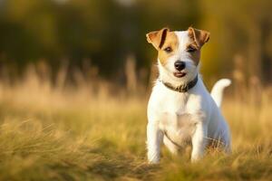 AI generated Happy jack russell terrier pet dog waiting, listening in the grass. AI Generated photo